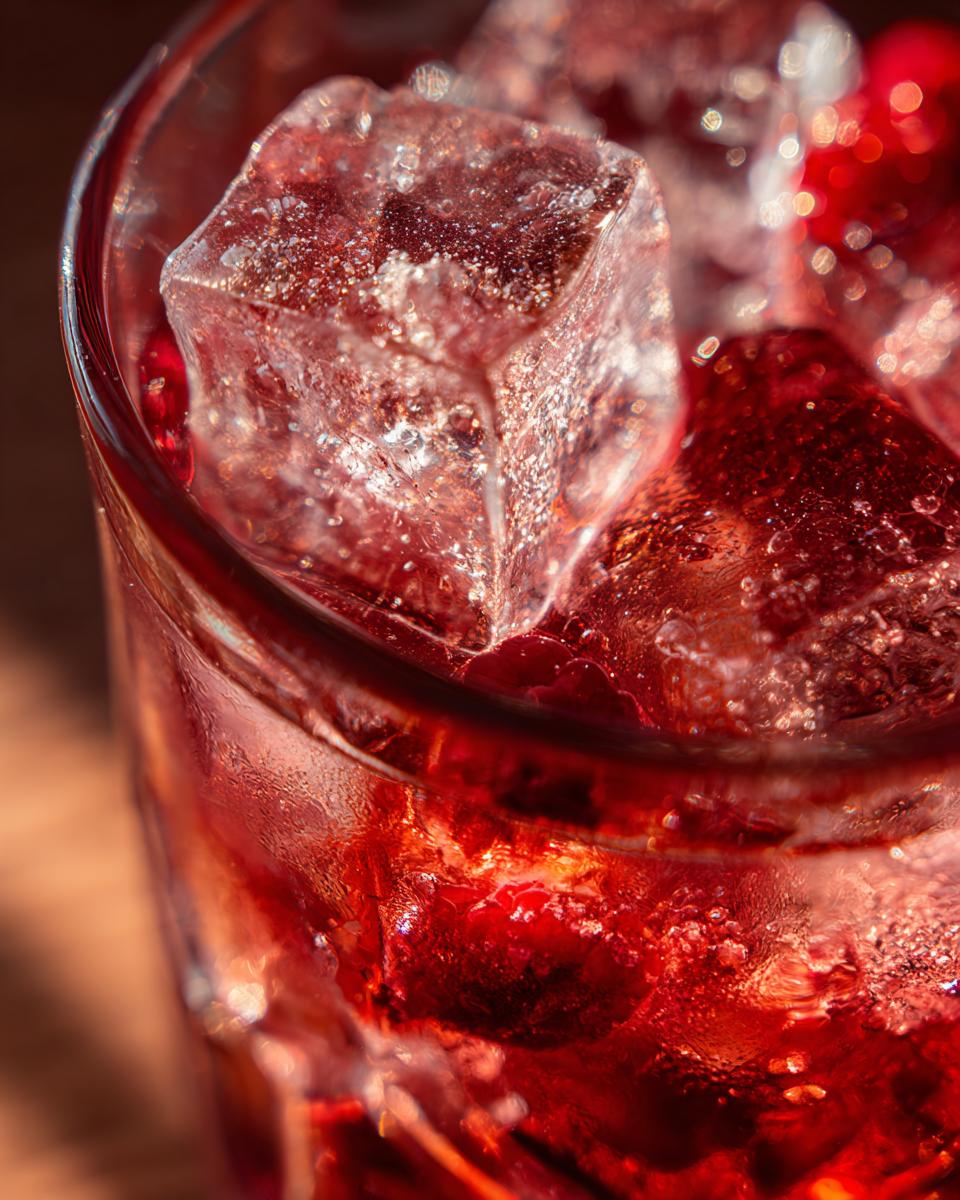 Close-up of a vibrant red Gin Blossom Cocktail filled with ice cubes and small red berries.