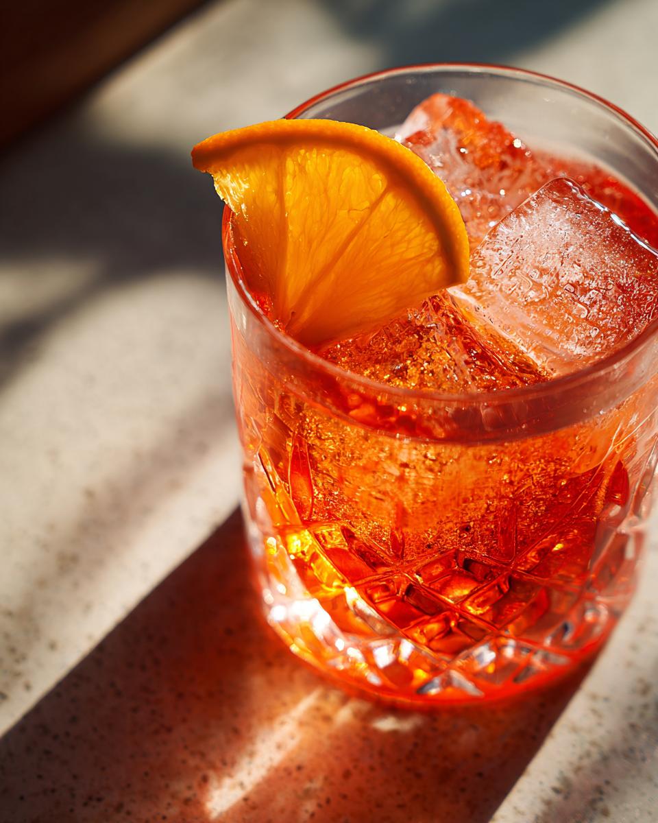 A close-up of a vibrant orange Gin Blossom Cocktail in a crystal glass, garnished with an orange slice and filled with ice.