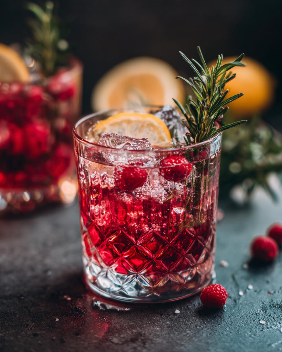 Close-up of a vibrant Gin Blossom Cocktail with fresh raspberries, lemon slice, and rosemary garnish.