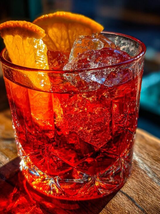 A vibrant red Gin Blossom Cocktail in a faceted glass, garnished with orange slices and ice.