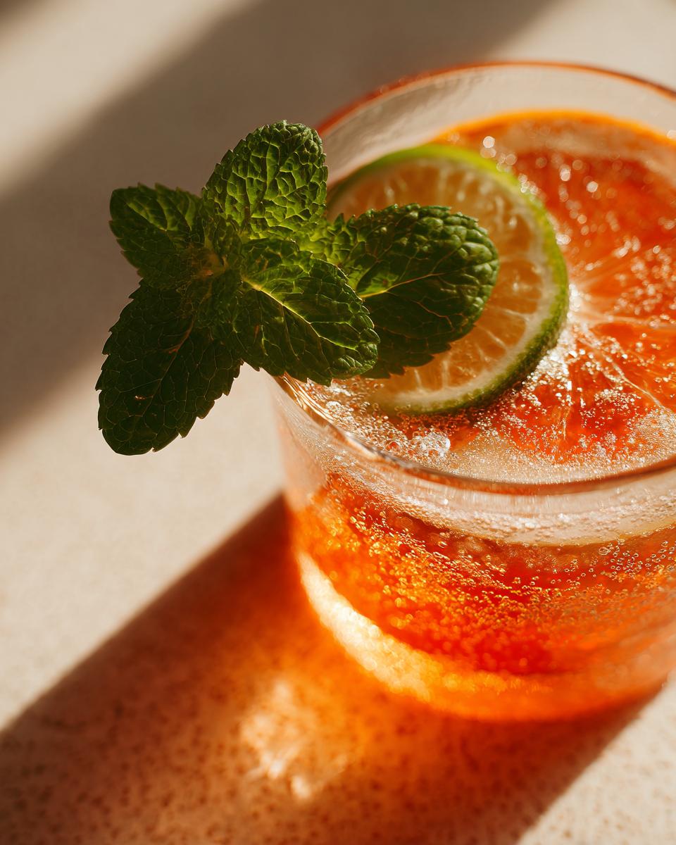 A close-up of a Gin Blossom Cocktail with orange slices, lime, and fresh mint, sparkling with bubbles.