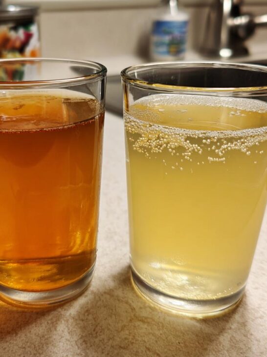 Two glasses side-by-side, one with amber ginger ale and the other with pale yellow ginger beer, showcasing the difference between ginger ale vs ginger beer.