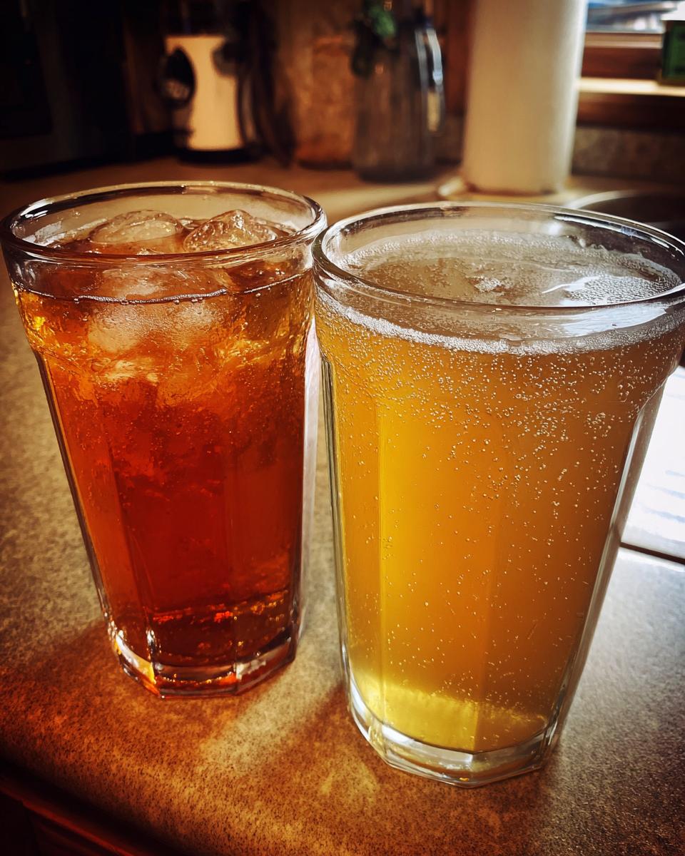 Two glasses of fizzy drinks, one amber with ice, the other golden yellow, representing Ginger Ale Vs Ginger Beer.
