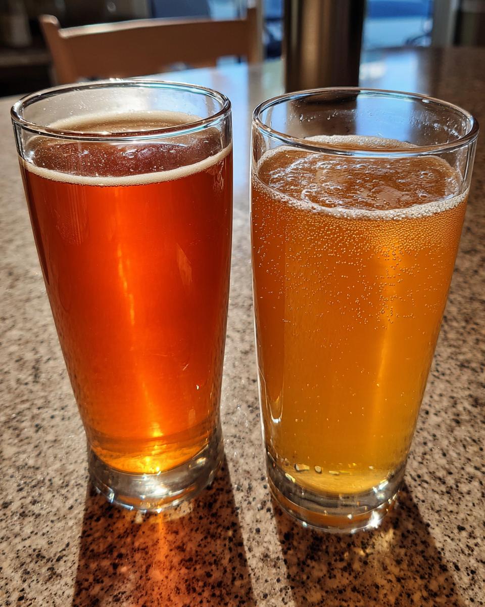 Two glasses of amber-colored beverages, one darker and one lighter, showcasing the difference between ginger ale and ginger beer.