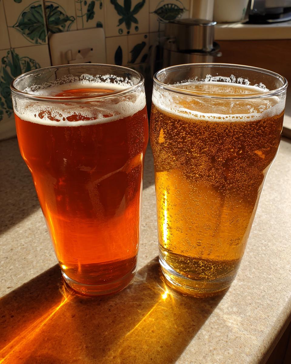 Two glasses of fizzy drinks, one a darker amber (likely ginger beer) and the other lighter (likely ginger ale), side-by-side.