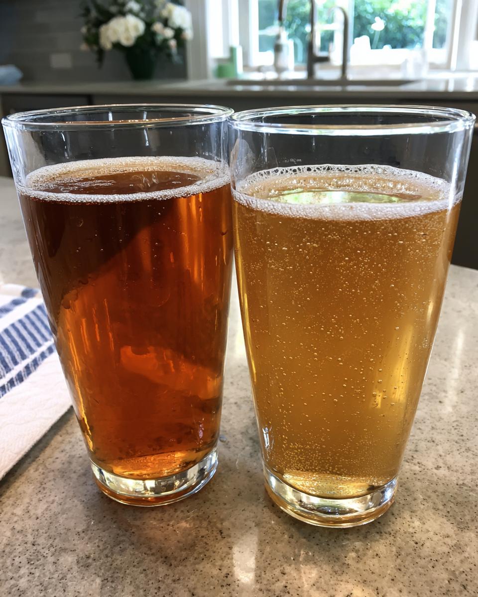 Two glasses of fizzy drinks, one darker amber (Ginger Ale) and one lighter gold (Ginger Beer), side-by-side.