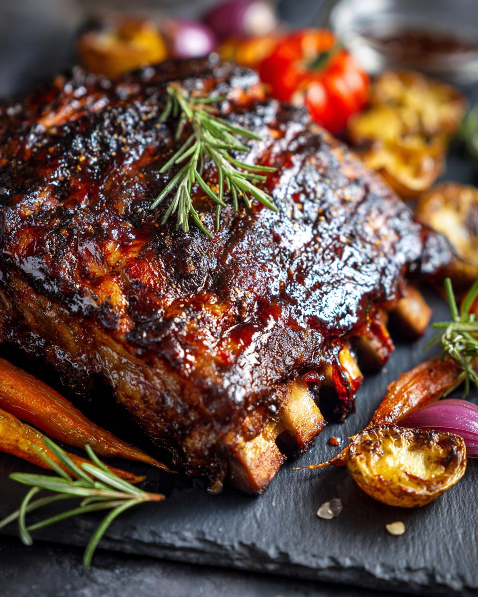 Close-up of glazed pork ribs with roasted vegetables, a healthy dinner recipe for weight loss.