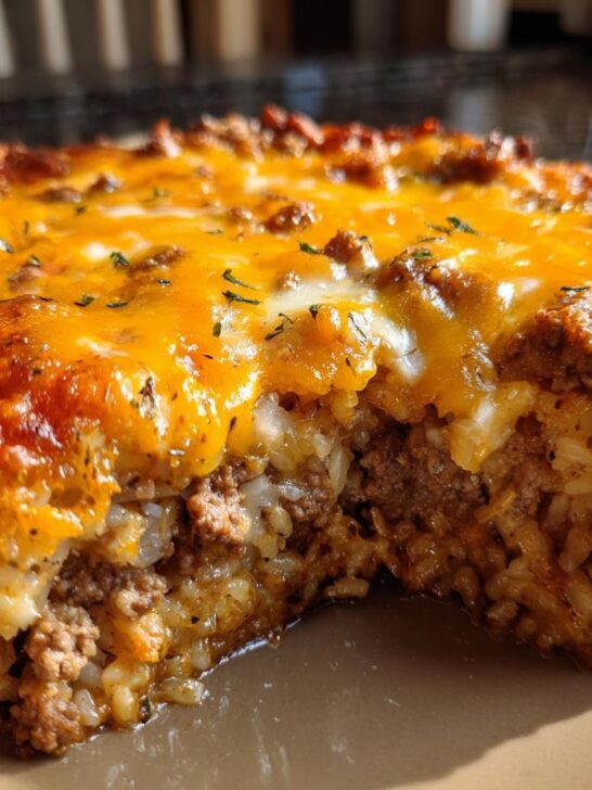 A close-up of a slice of Ground Beef Cauliflower Rice Casserole topped with melted, golden-brown cheese and sprinkled with herbs.
