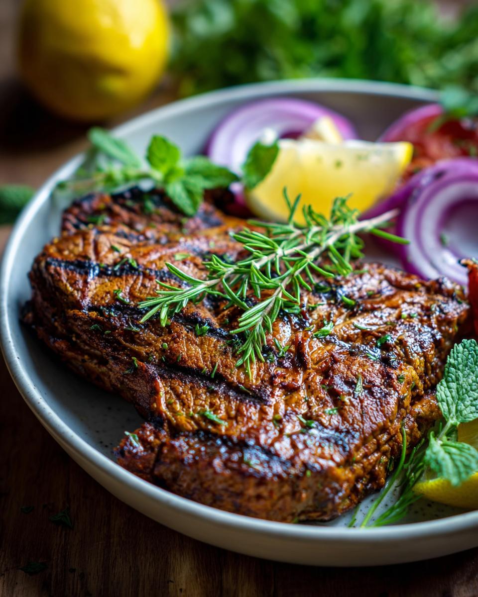 A juicy, grilled steak seasoned with herbs, served with lemon, red onion, and mint as part of healthy dinner recipes for weight loss.