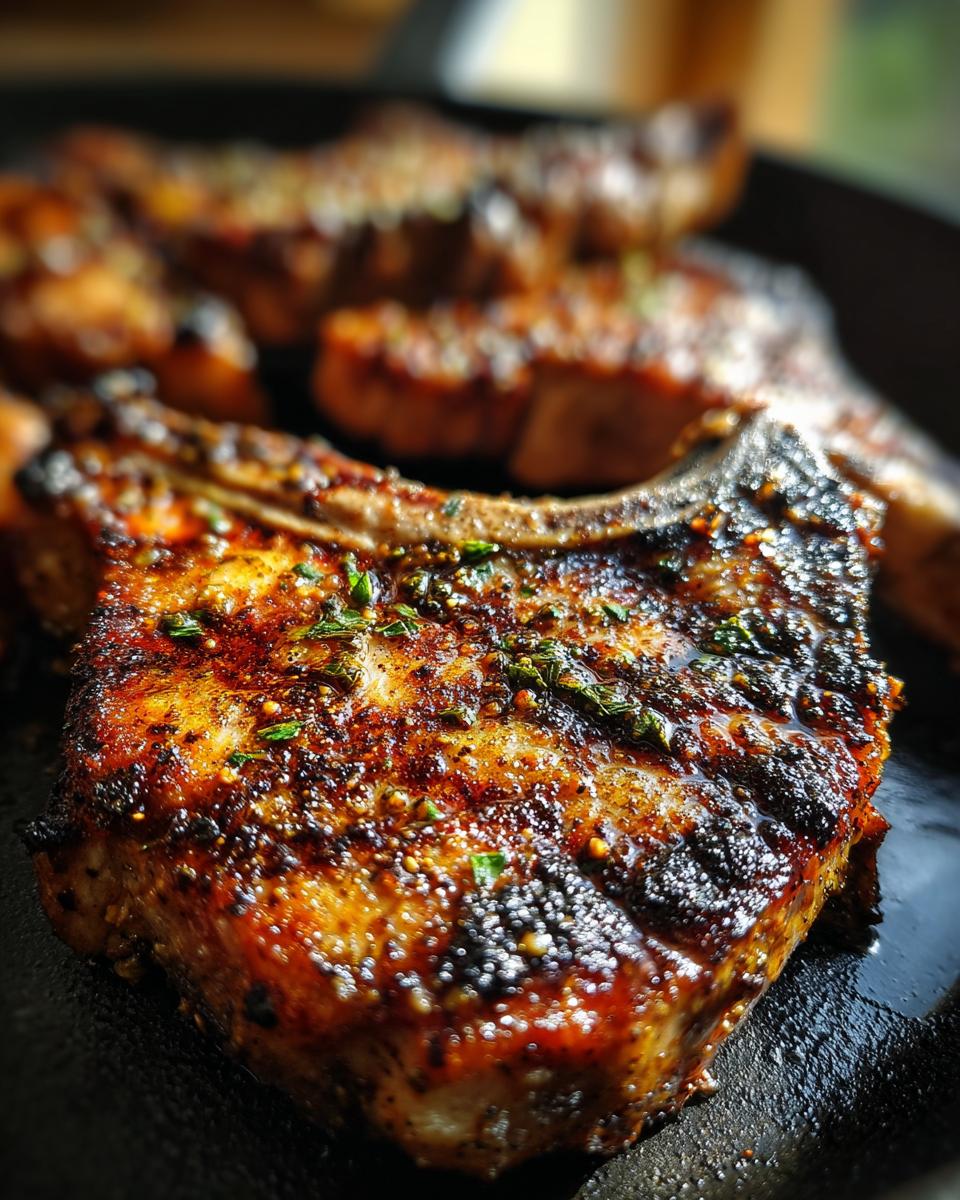 Close-up of a perfectly grilled pork chop, seasoned with herbs and spices, as part of 10 Healthy Dinner Recipes For Weight Loss Youll Love.