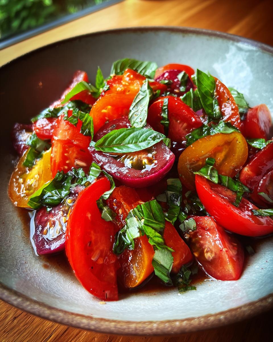 A close-up of a colorful Heirloom Tomato Salad with fresh basil leaves and a balsamic glaze.