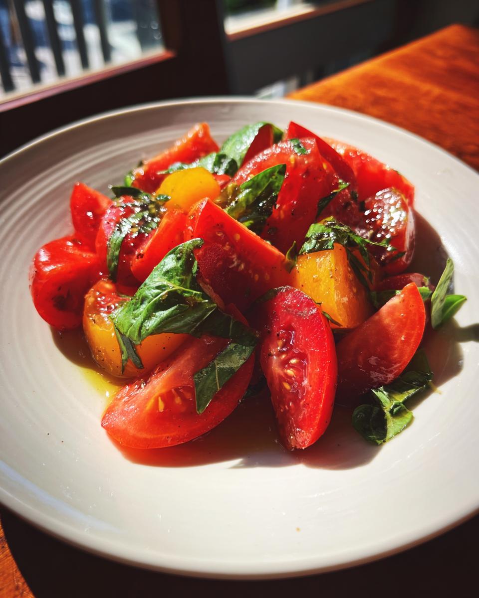 A close-up of a vibrant Heirloom Tomato Salad with fresh basil leaves, glistening with dressing.