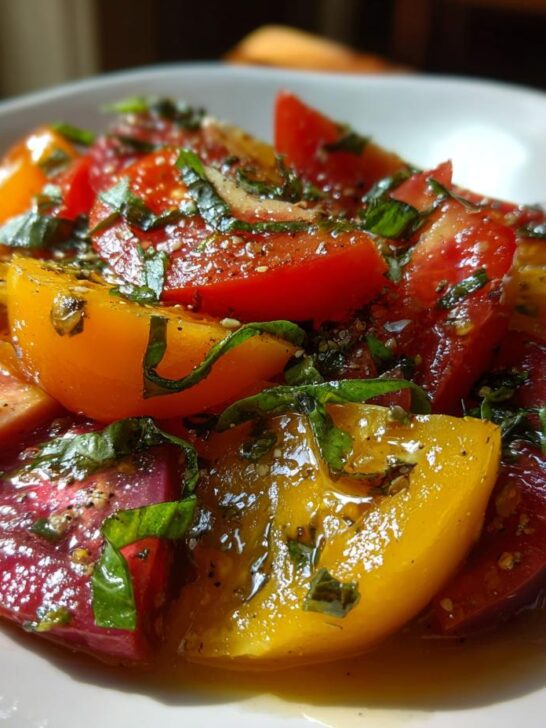Close-up of a colorful Heirloom Tomato Salad with fresh basil and a light vinaigrette.