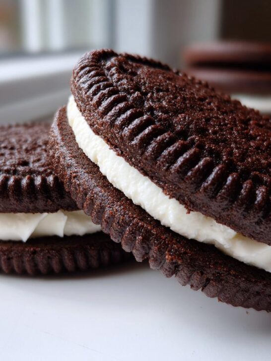 Close-up of two homemade Chocolate Sandwich Cookies with thick white cream filling stacked together.