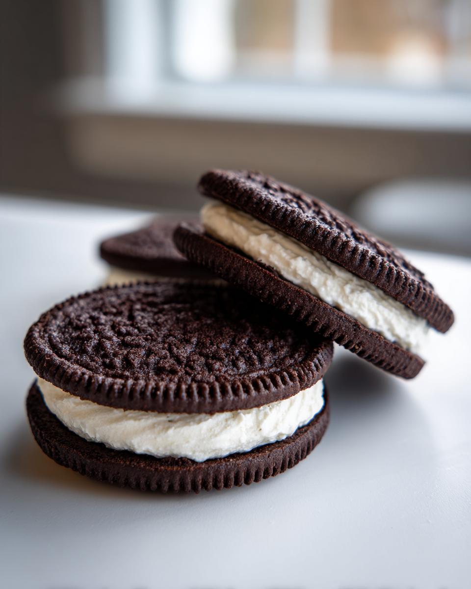 Close-up of homemade Chocolate Sandwich Cookies with thick white cream filling stacked on a white surface.