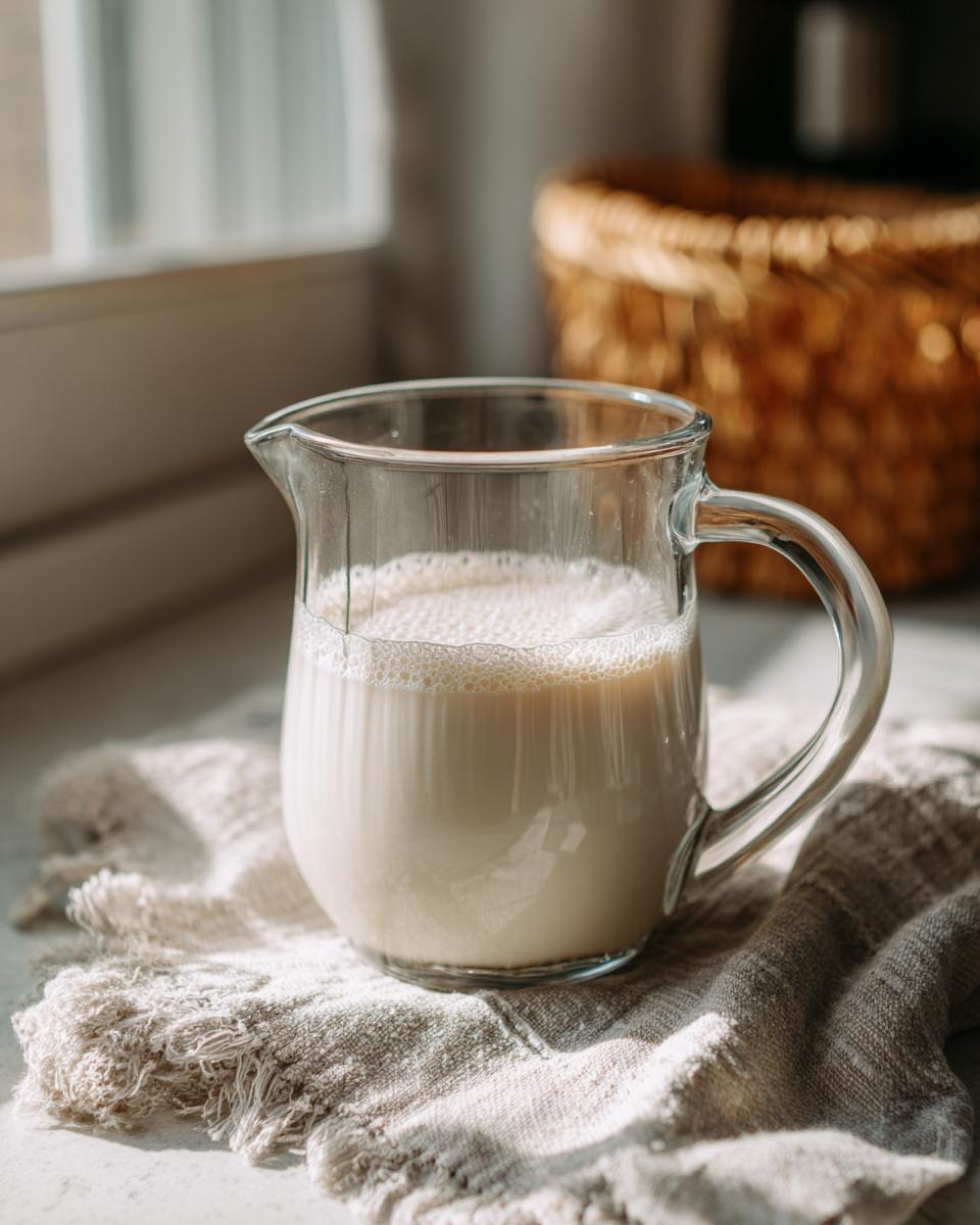 A glass pitcher filled with frothy Homemade Creamy Cashew Milk, sitting on a textured cloth.