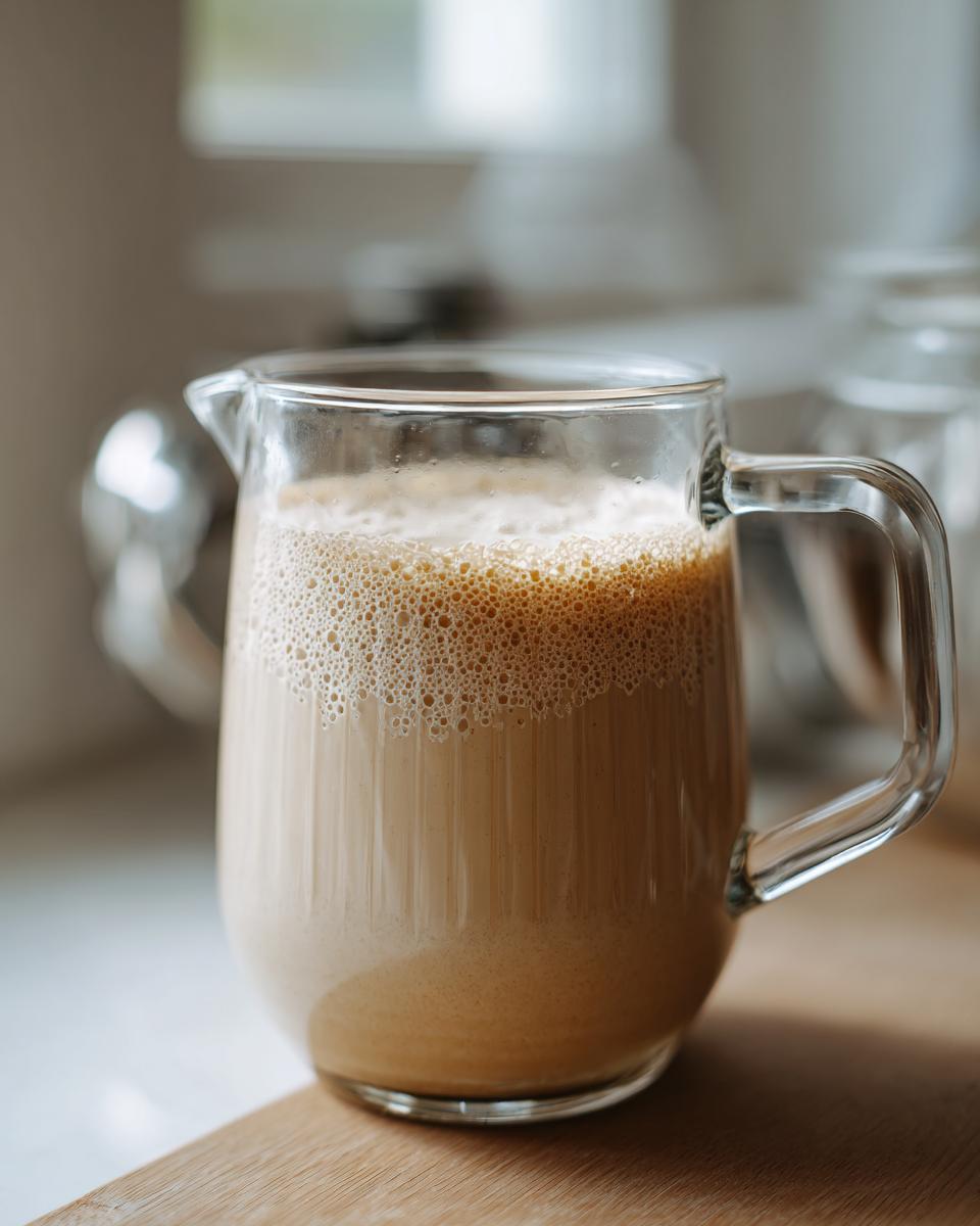 A glass pitcher filled with frothy, creamy cashew milk, ready to be served.