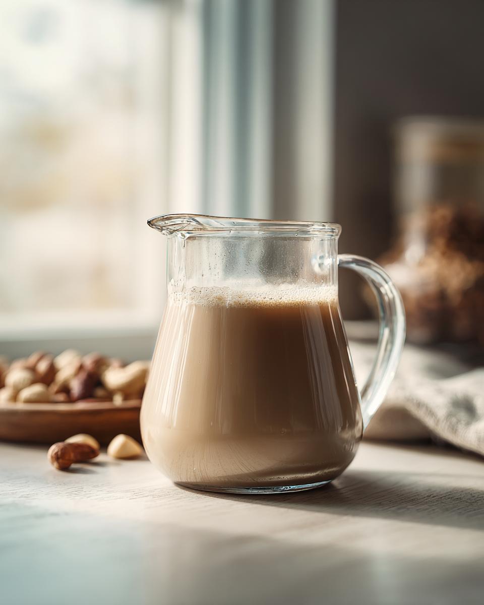 A glass pitcher filled with creamy homemade cashew milk, with cashews in a bowl in the background.