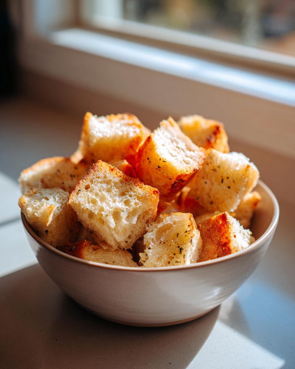 A close-up of a bowl filled with golden-brown homemade croutons seasoned with herbs.