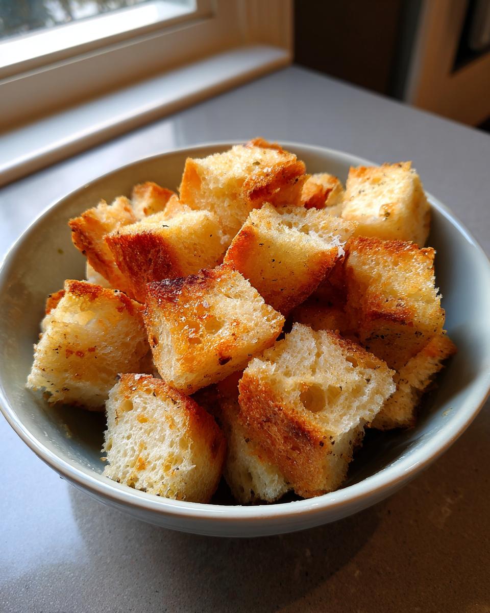 A close-up of a bowl filled with golden-brown, seasoned homemade croutons.