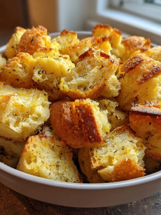 A close-up shot of a bowl filled with golden-brown homemade croutons seasoned with herbs.