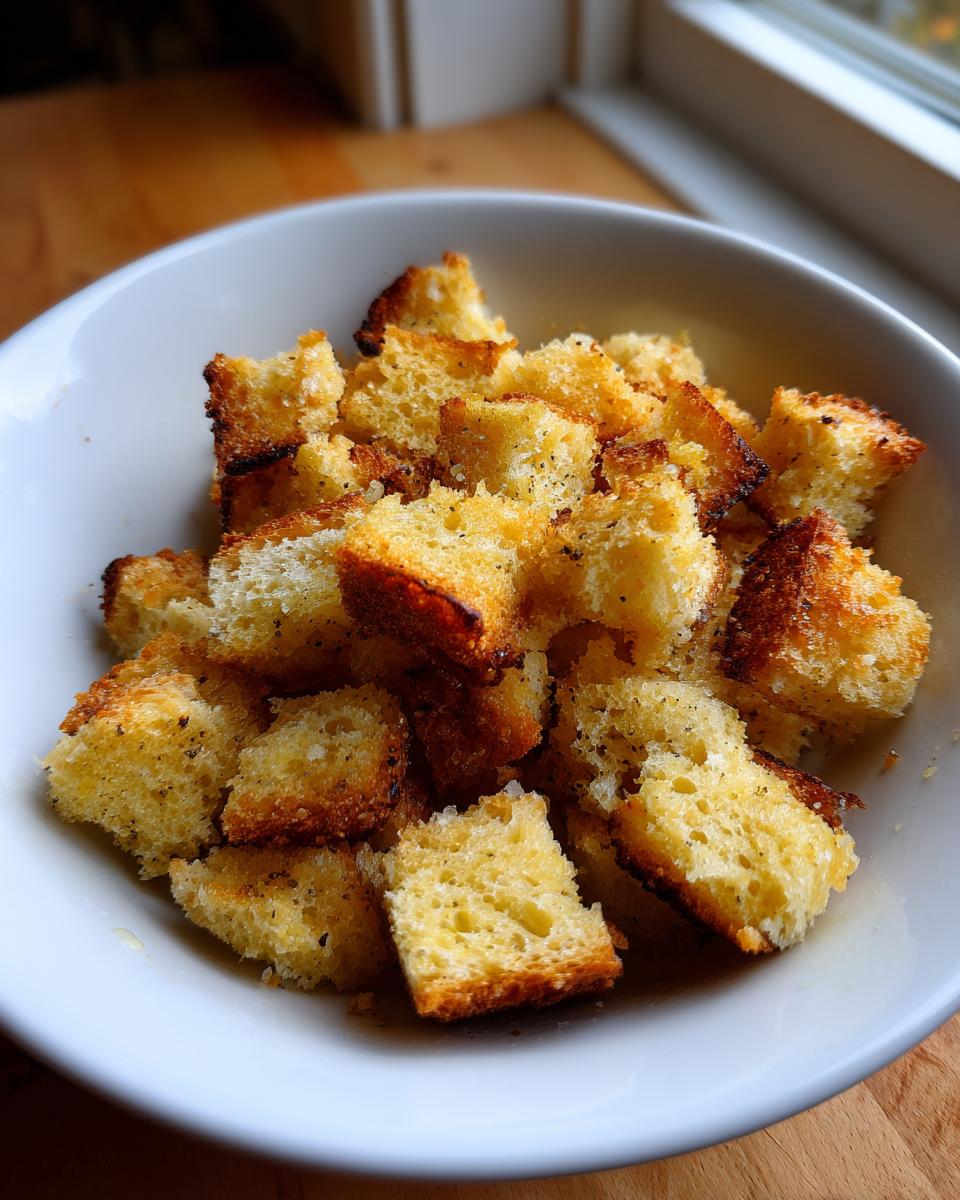 A white bowl filled with golden brown, crispy homemade croutons seasoned with pepper.