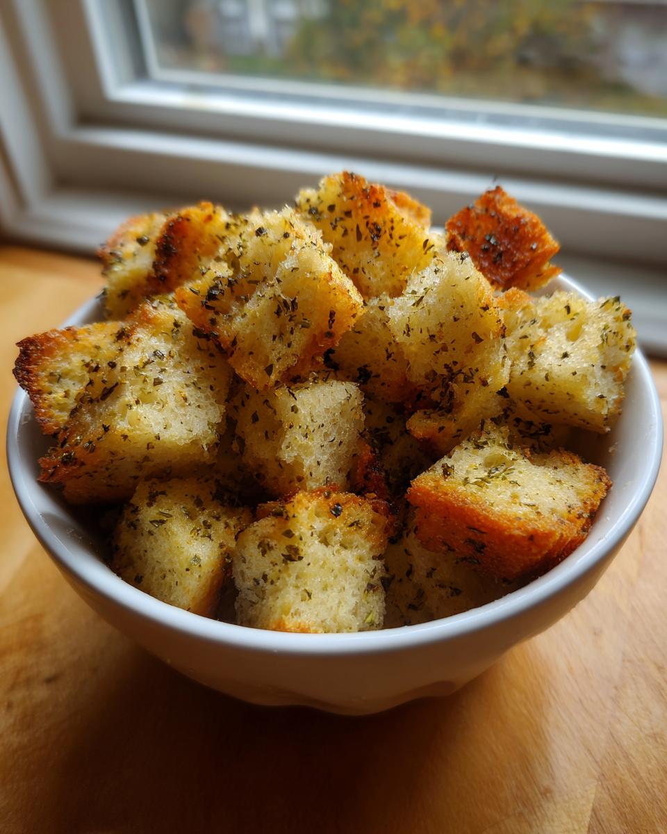 A white bowl filled with golden brown homemade croutons seasoned with herbs.