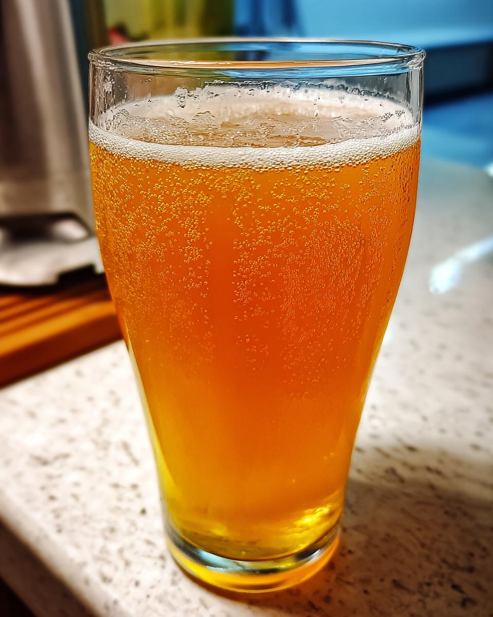 A tall glass filled with bubbly, golden Homemade Fresh Apple Juice, showing condensation on the glass.