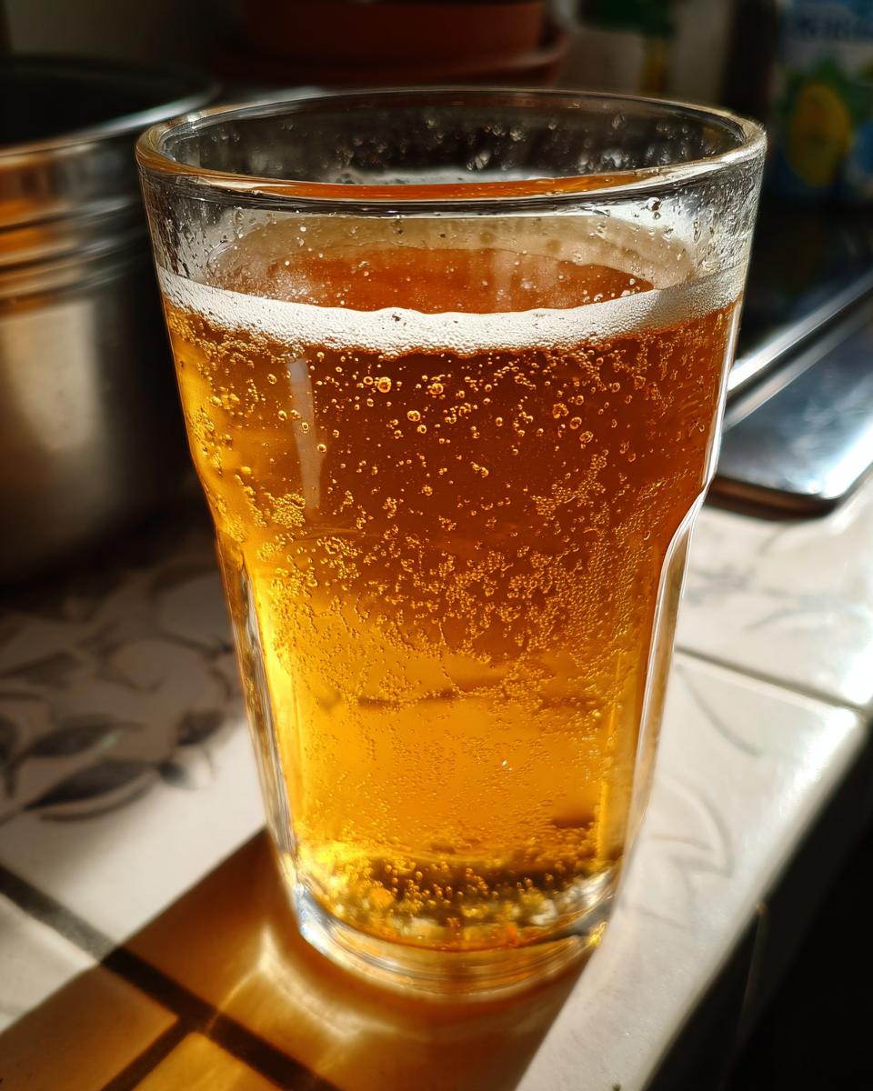 A tall glass filled with bubbly, golden Homemade Fresh Apple Juice, catching the sunlight.