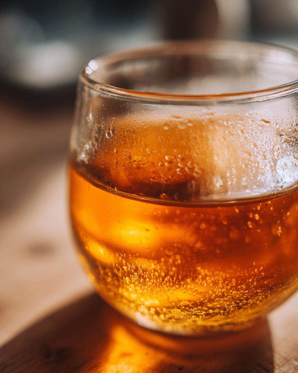 Close-up of a glass filled with homemade fresh apple juice, showing condensation and bubbles.