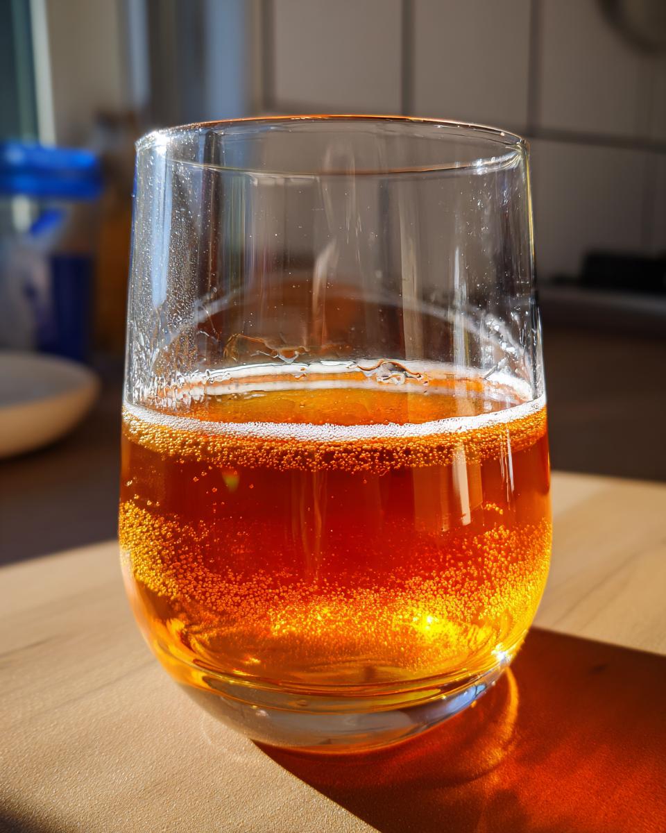 A close-up of a glass filled with homemade fresh apple juice, showing effervescence and a warm amber color.