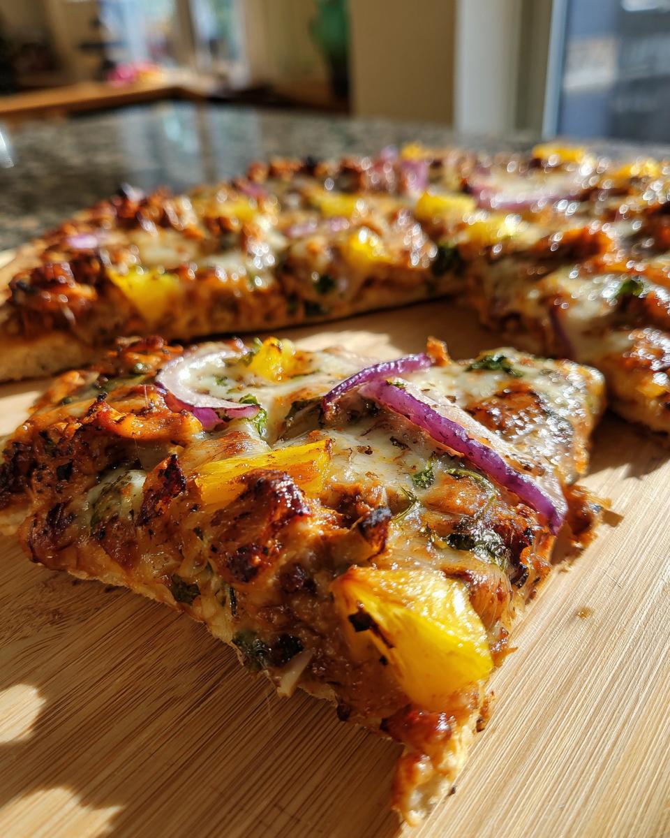 A close-up of a slice of homemade Jamaican Jerk Chicken Pizza, showing tender chicken, pineapple chunks, red onion, and melted cheese.