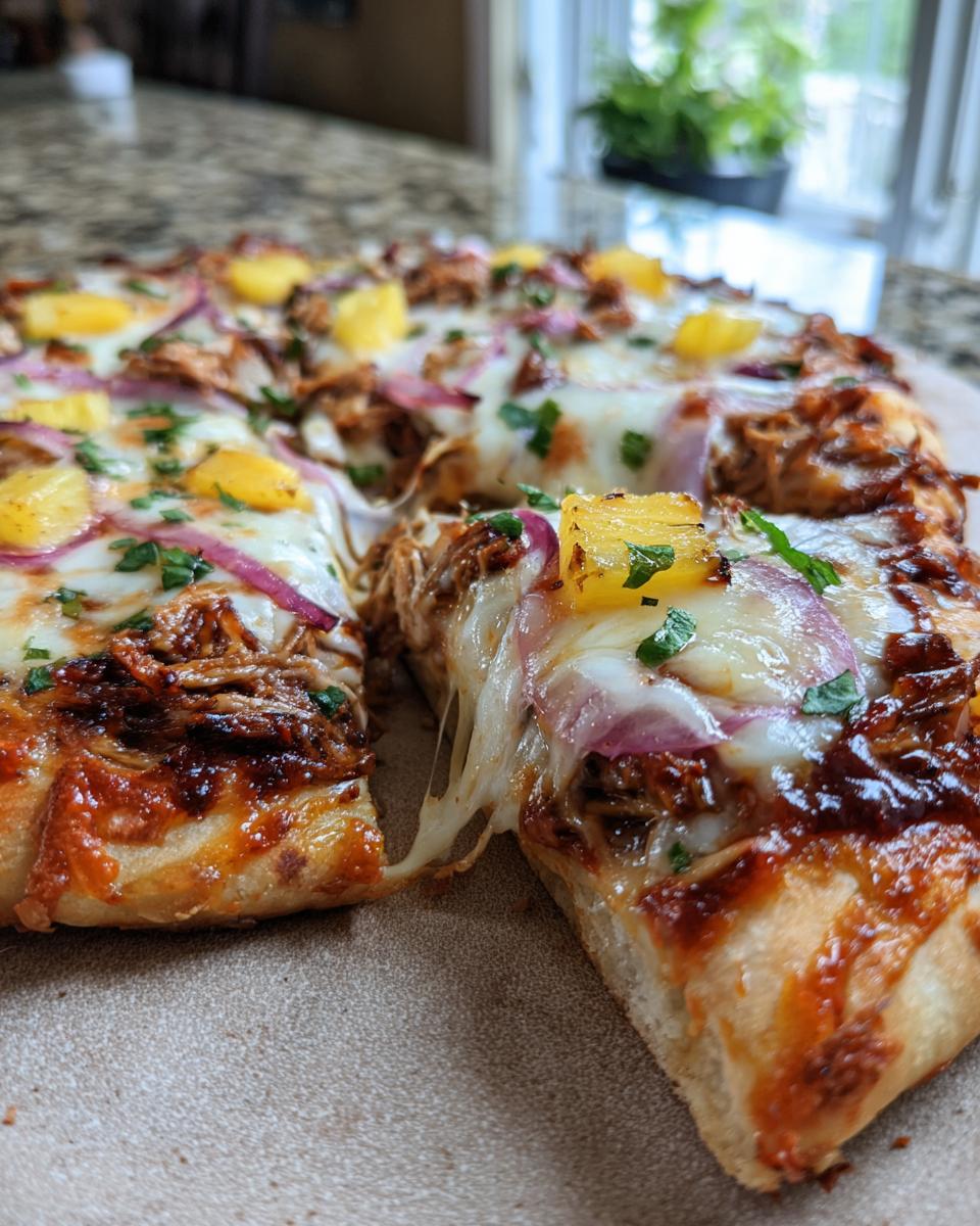 A slice of homemade Jamaican Jerk Chicken Pizza, featuring pulled jerk chicken, pineapple, red onion, and melted cheese.