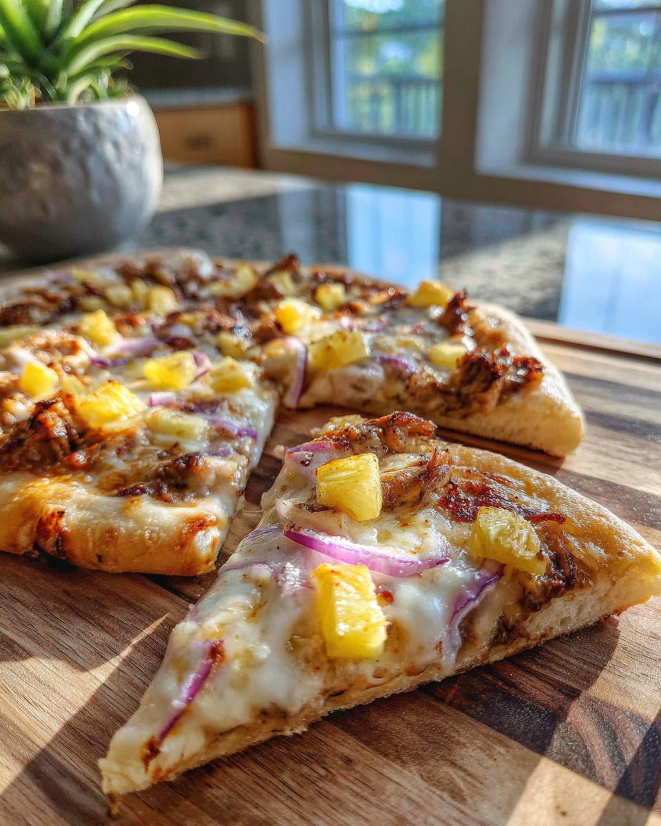 A slice of homemade Jamaican Jerk Chicken Pizza topped with pineapple, red onion, and melted cheese.