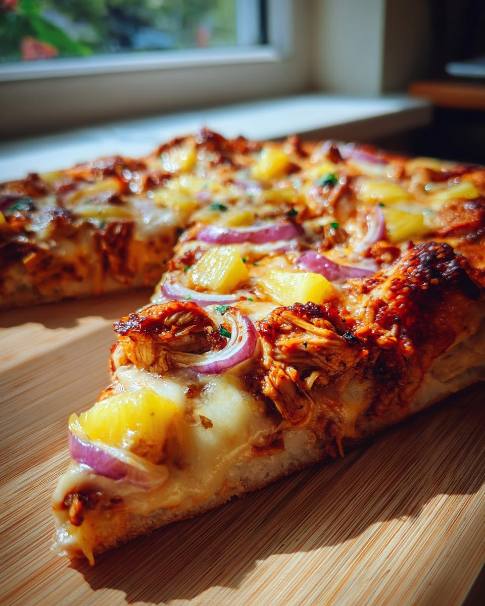 A slice of homemade Jamaican Jerk Chicken Pizza with pineapple, red onion, and melted cheese.