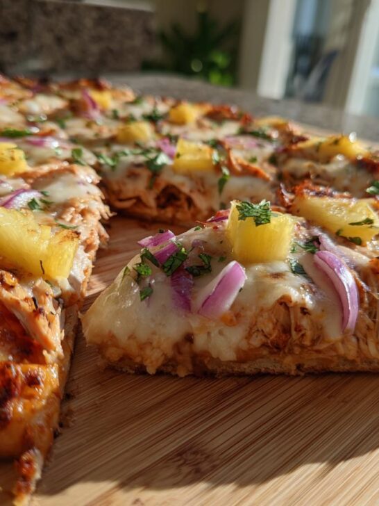 A delicious slice of homemade Jamaican Jerk Chicken Pizza topped with pineapple, red onion, and cilantro.