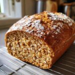 A golden-brown loaf of homemade oatmeal honey bread, dusted with flour, resting on a wire cooling rack.