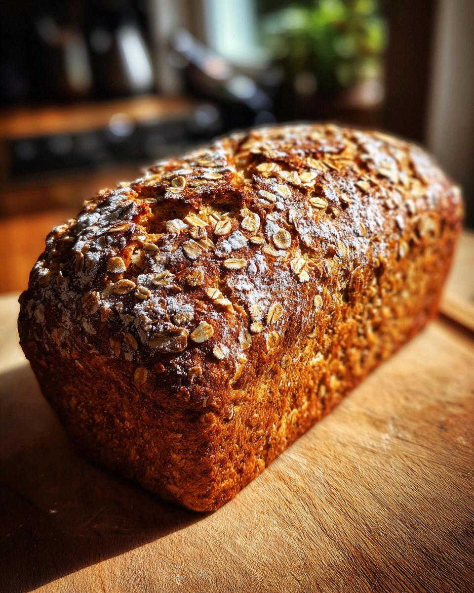 A golden-brown loaf of Homemade Oatmeal Honey Bread, topped with oats and a dusting of flour, on a wooden cutting board.