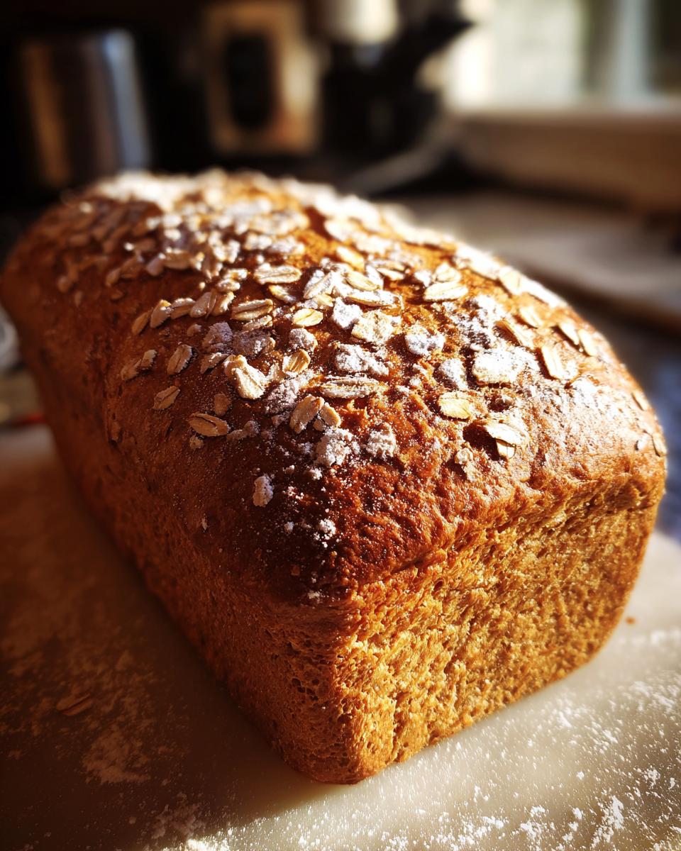 A golden brown loaf of homemade oatmeal honey bread, dusted with oats and powdered sugar.