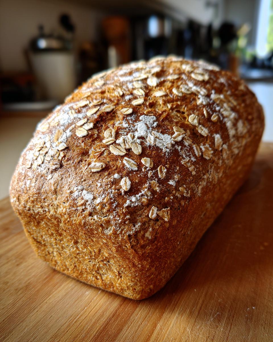 A golden-brown loaf of homemade oatmeal honey bread, dusted with flour and topped with oats, on a wooden cutting board.