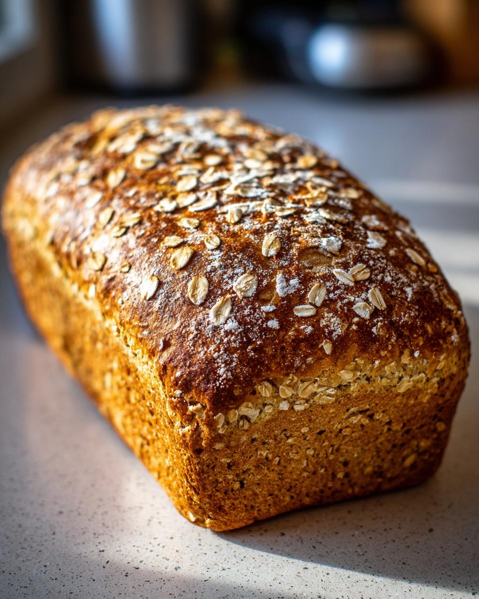 A golden-brown loaf of homemade oatmeal honey bread, topped with oats and a dusting of flour.