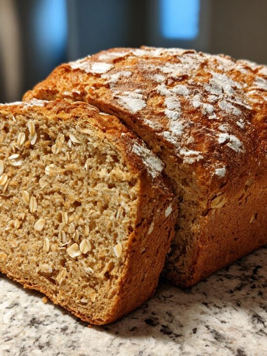 A close-up of a freshly baked Homemade Oatmeal Honey Bread loaf with a slice cut, showing visible oats.