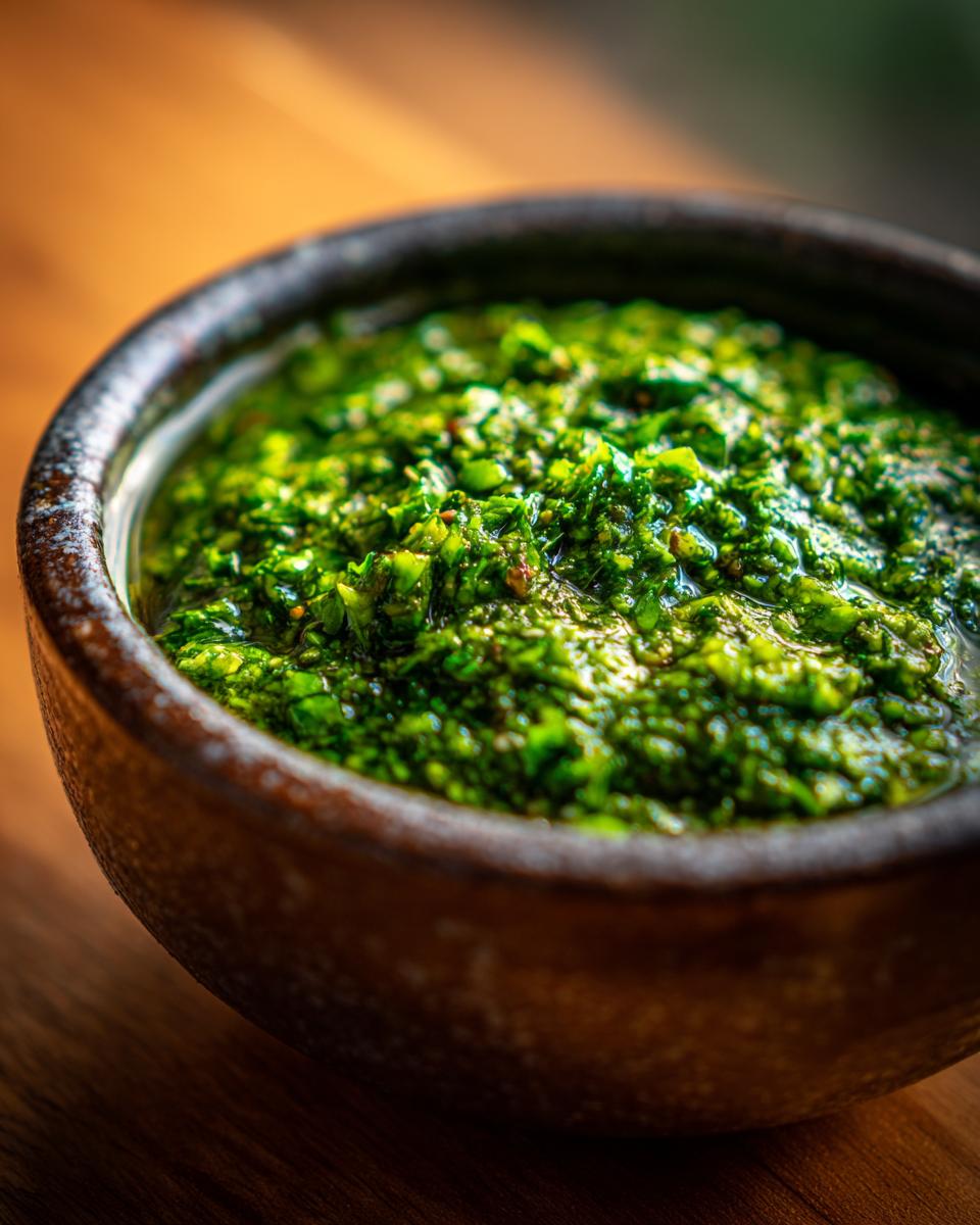 Close-up of vibrant green Homemade Pesto Sauce in a rustic bowl, showcasing its fresh ingredients.
