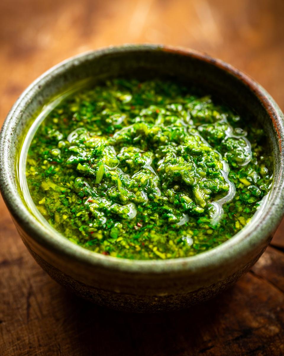 Close-up of vibrant green Homemade Pesto Sauce in a rustic bowl, glistening with olive oil.