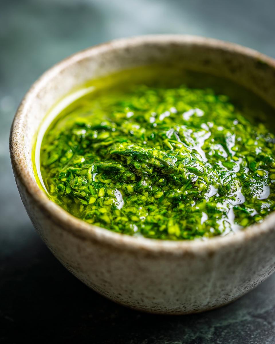 Close-up of vibrant green Homemade Pesto Sauce in a rustic bowl, glistening with olive oil.