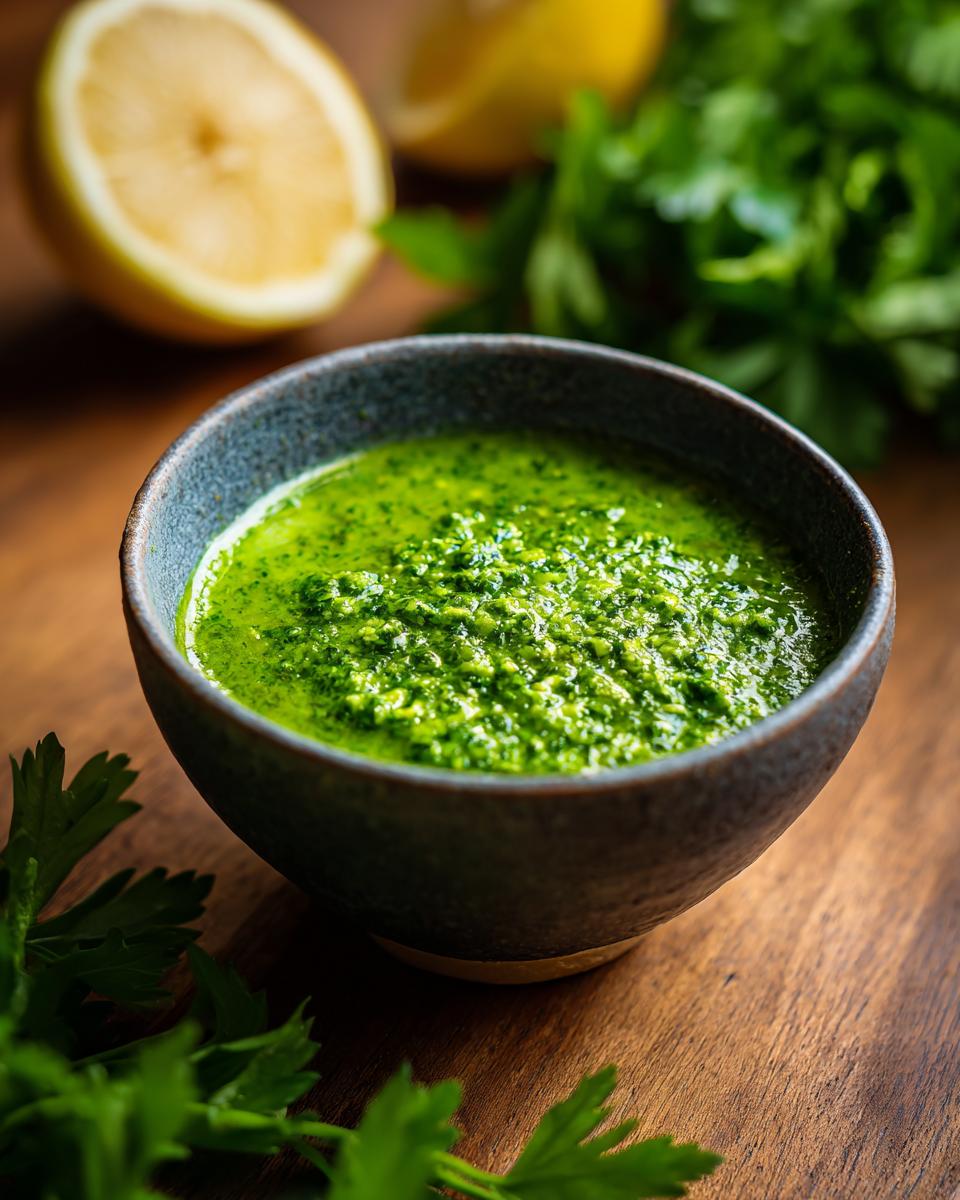 A close-up of vibrant green Homemade Pesto Sauce in a dark bowl, with fresh parsley and lemon slices in the background.