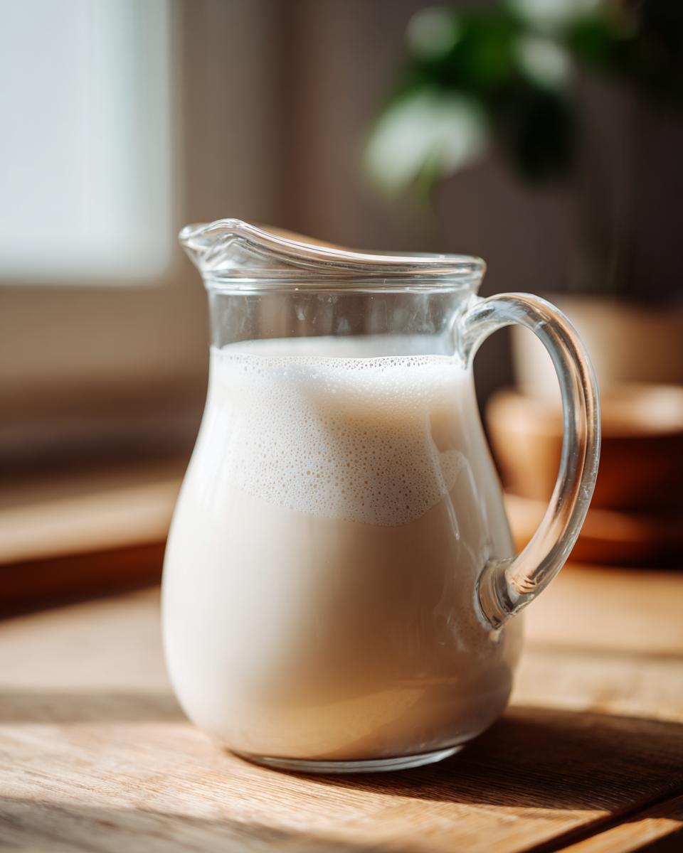 A glass pitcher filled with fresh almond milk, showing a foamy top, perfect for how to make almond milk without soaking.