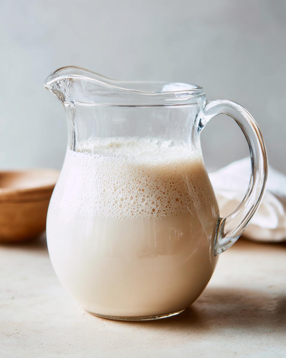 A glass pitcher filled with foamy, fresh almond milk, showcasing how to make almond milk without soaking.