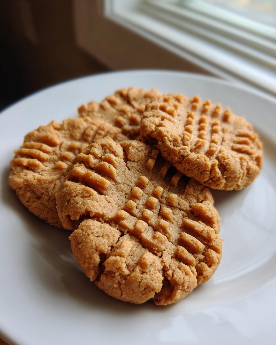 Four classic Ingredient Peanut Butter Cookies with a criss-cross fork pattern resting on a white plate near a window.