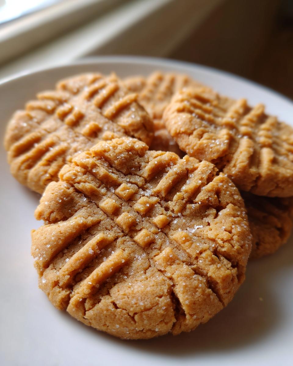 A stack of freshly baked Ingredient Peanut Butter Cookies with a classic crisscross fork pattern and sprinkled sugar.